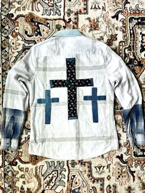Cross Upcycled Plaid Shirt Grey White Unisex OOAK Jesus Christian Small